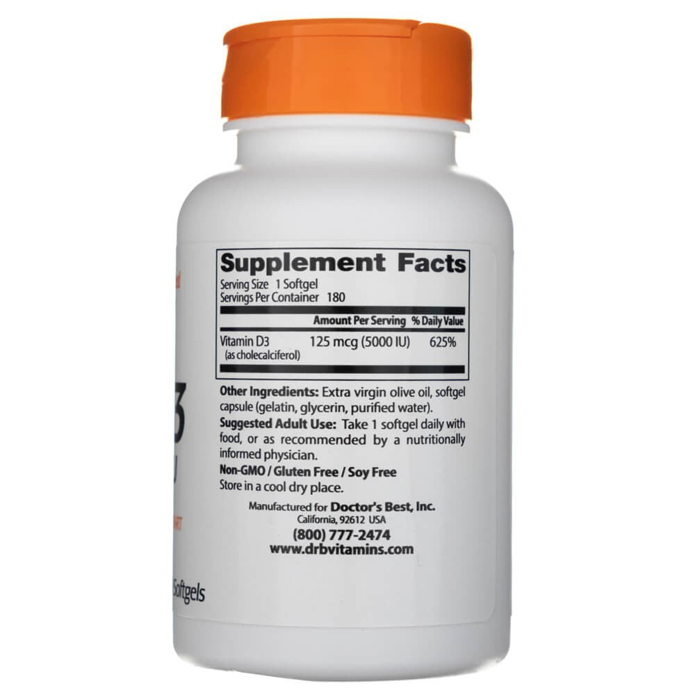 Doctor's Best vitaminas D3 5000 TV – 180 kapsulių