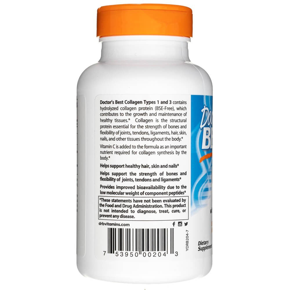 Doctor's Best 1 ir 3 tipų kolagenas su Peptanu ir vitaminu C 1000 mg – 180 tablečių