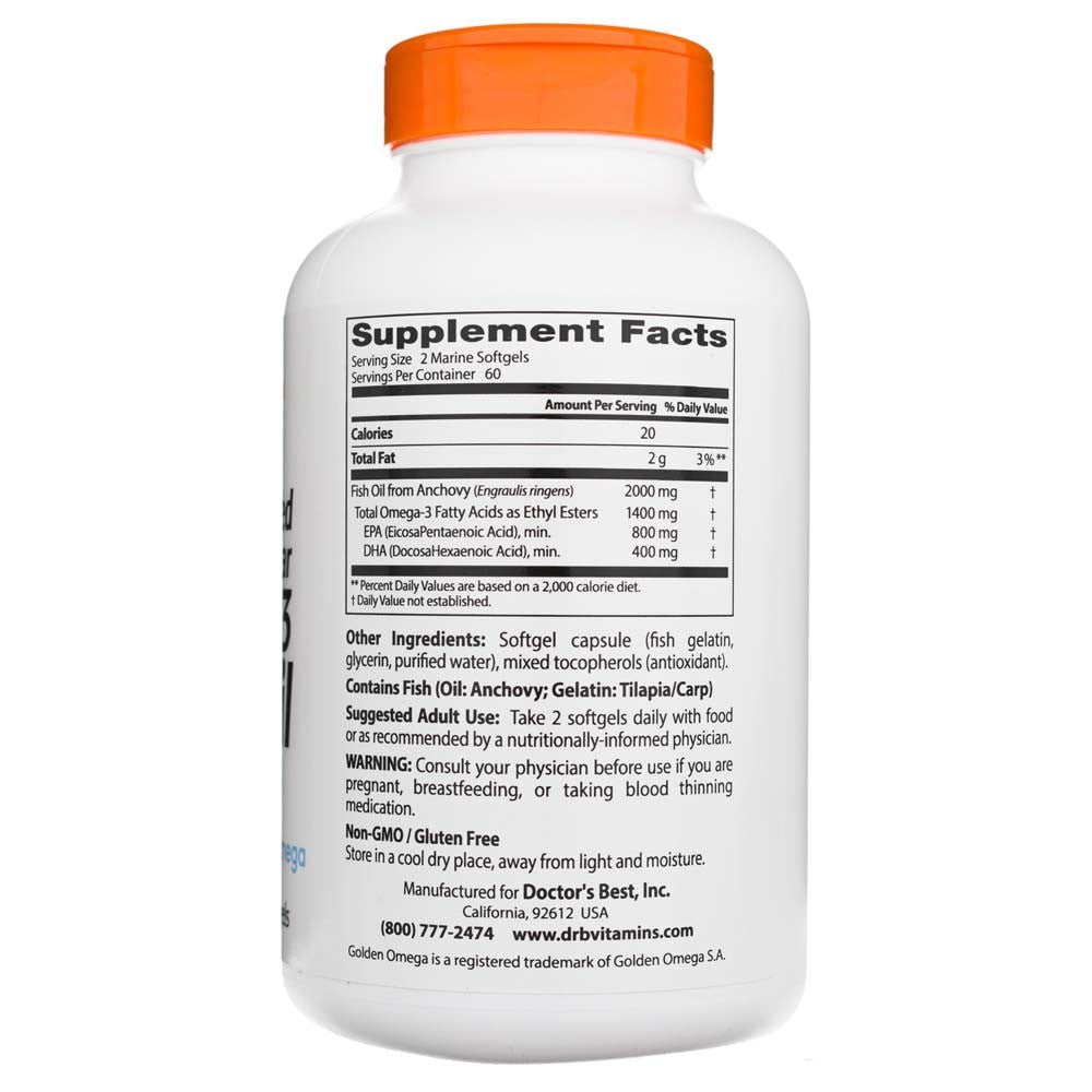 Doctor's Best išgryninti ir skaidrūs Omega 3 žuvų taukai su Goldenomega 1000 mg – 120 kapsulių