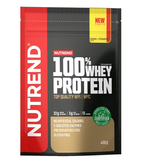 Nutrend 100% išrūgų baltymų milteliai, bananai ir braškės - 400 g