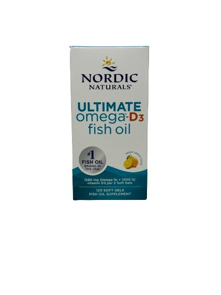 Nordic Naturals Ultimate Omega - D3 žuvų taukai, 1280 mg citrinų skonio – 120 kapsulių