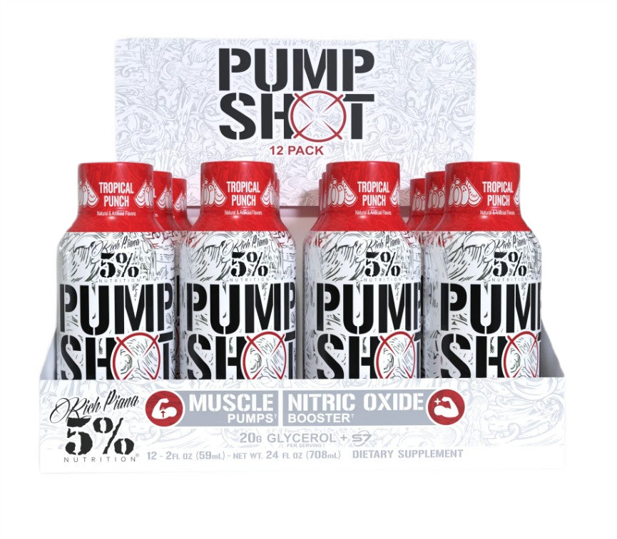 5% Nutrition maistinių medžiagų turintis Pump Shot, Tropical Punch – 12 x 59 ml.