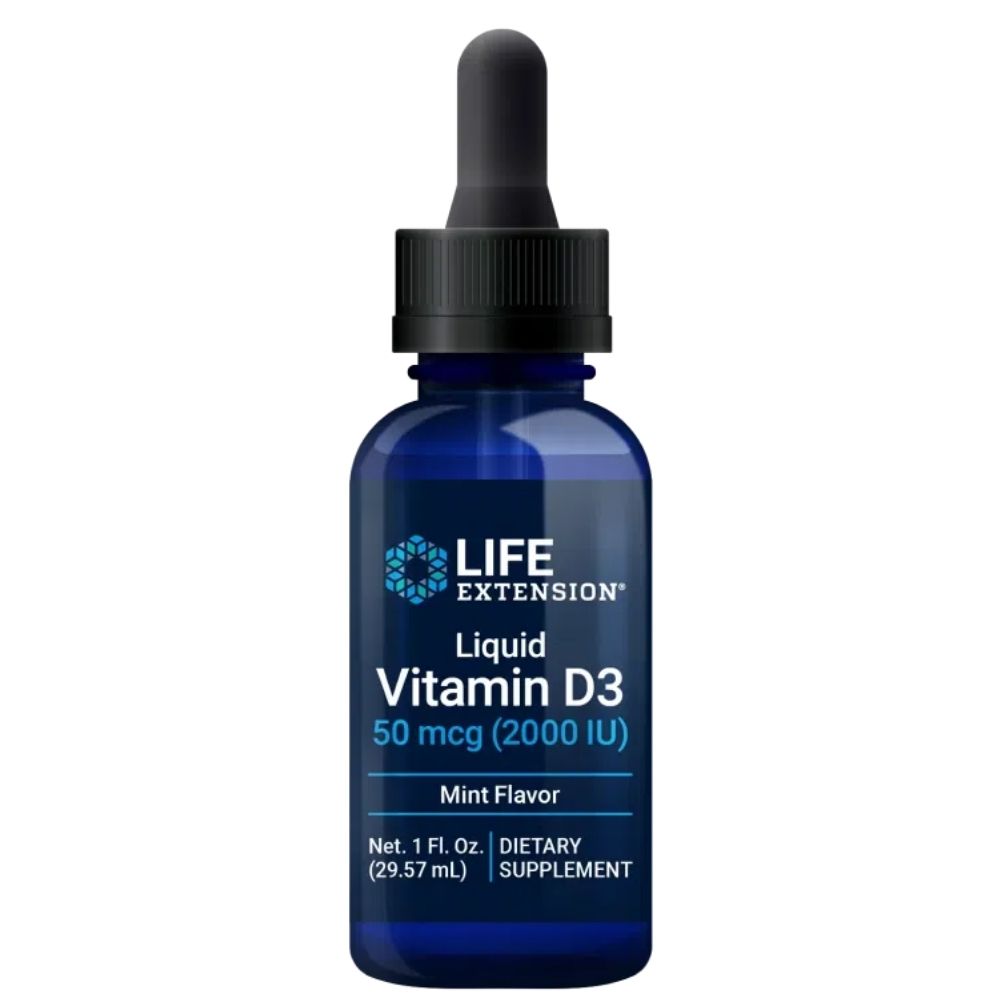 LIFE EXTENSION vitamino D3 2000 TV lašai su mėtomis – 29,57 ml