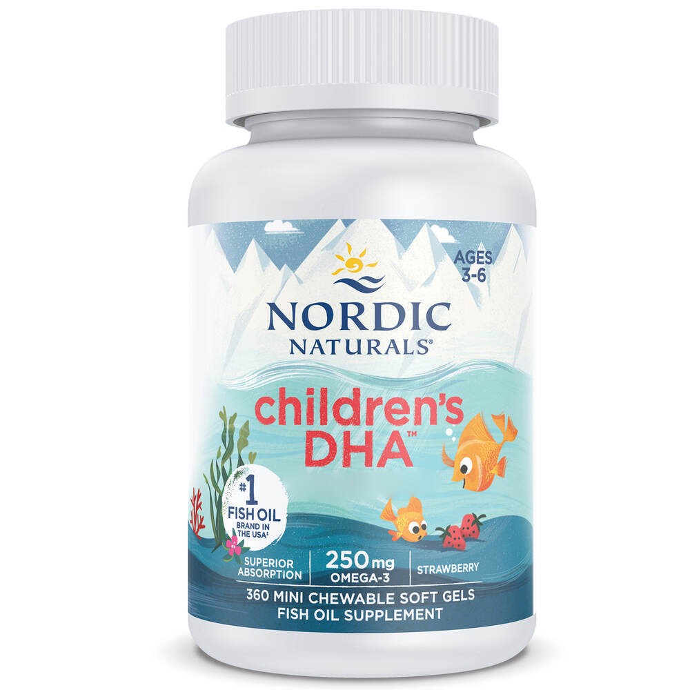 Nordic Naturals vaikams skirtas DHA, Omega-3 250 mg vaikams, braškių skonio – 360 mini kapsulių