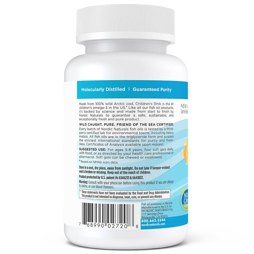 Nordic Naturals vaikams skirtas DHA, Omega-3 250 mg vaikams, braškių skonio – 360 mini kapsulių