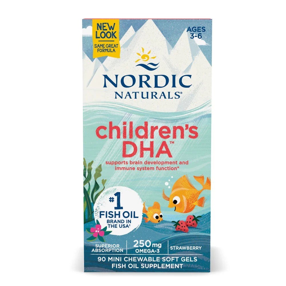 Nordic Naturals vaikams skirtas DHA, Omega-3 250 mg vaikams, braškių skonio – 360 mini kapsulių