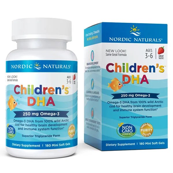 „Nordic Naturals“, vaikams skirta DHA, 250 mg Omega-3, braškių skonio, 180 mini minkštųjų kapsulių.