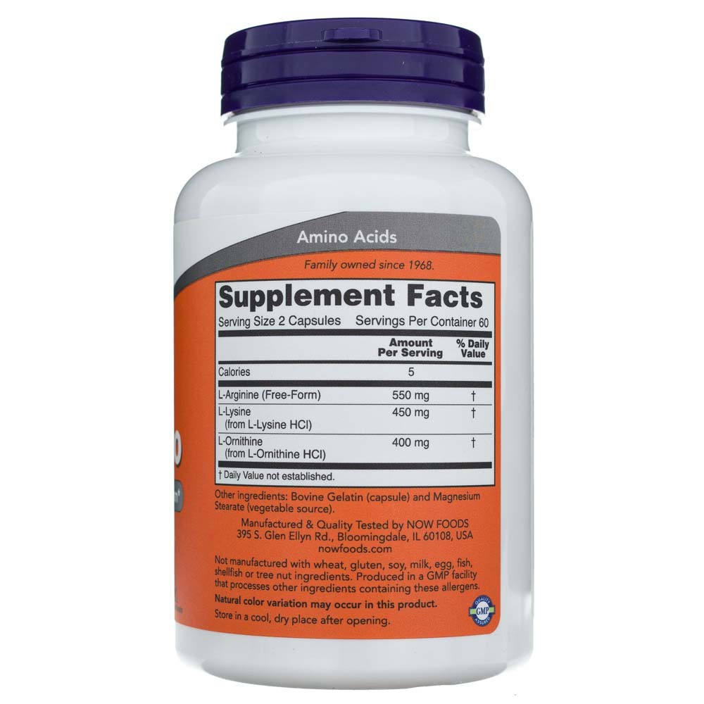 NOW FOODS Tri-Amino (L-argininas, L-ornitinas, L-lizinas) – 120 kapsulių