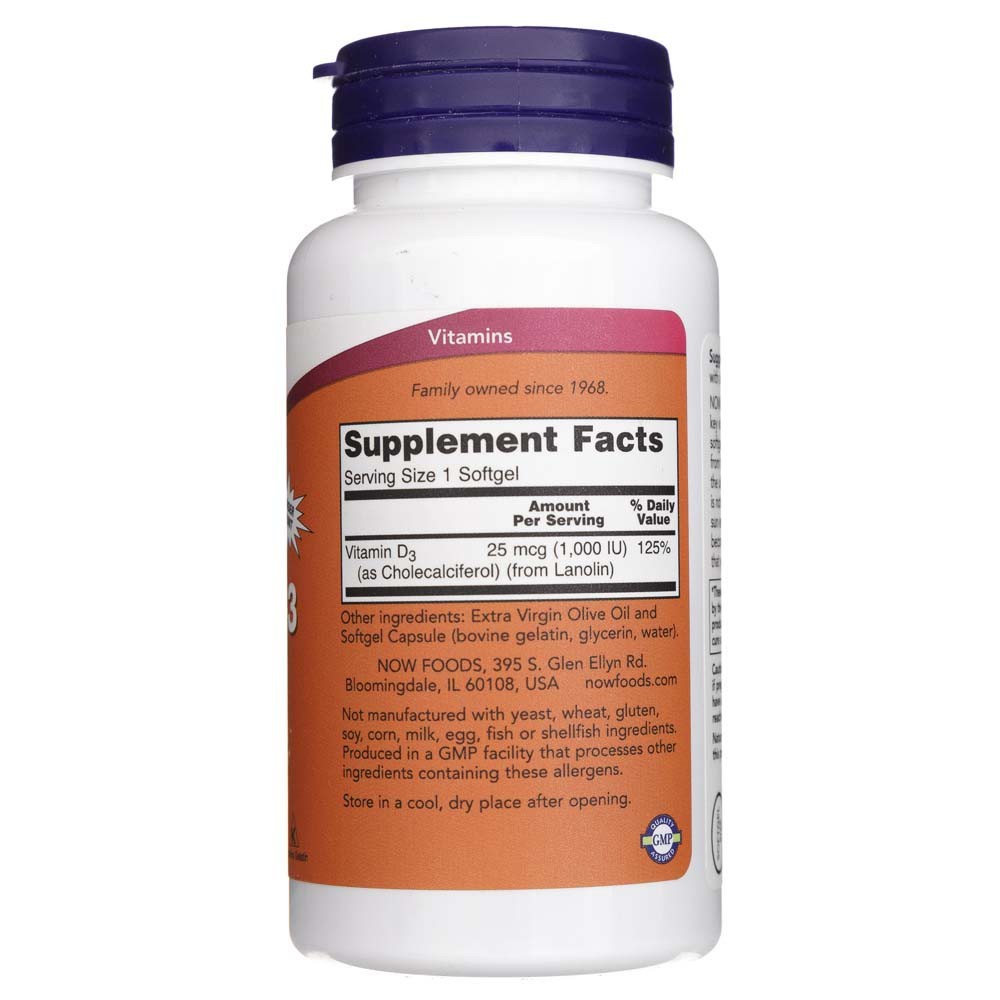 NOW FOODS vitaminas D3 1000 TV – 360 kapsulių