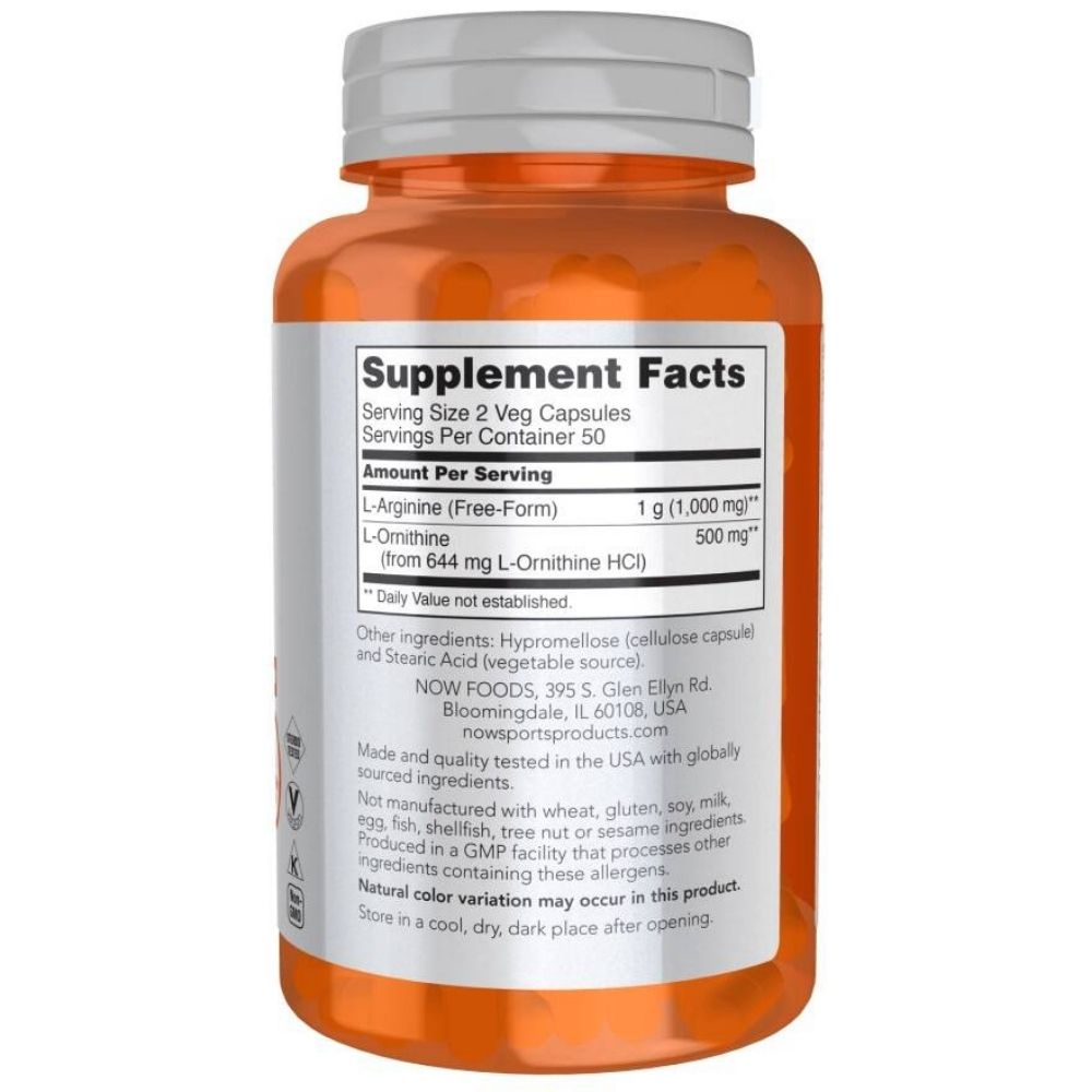 NOW FOODS L-argininas 500 mg ir L-ornitinas 250 mg – 100 kapsulių