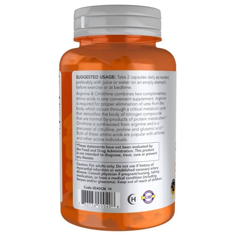 NOW FOODS L-argininas 500 mg ir L-ornitinas 250 mg – 100 kapsulių