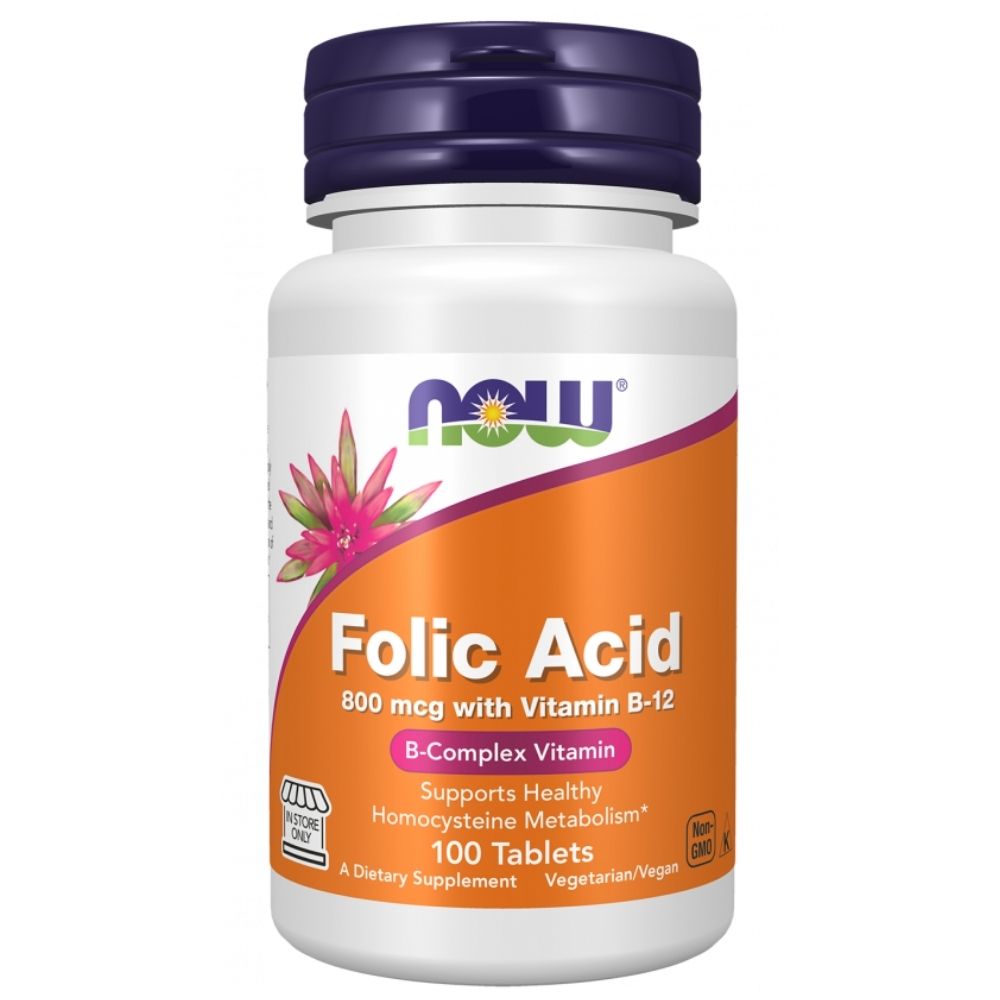 NOW FOODS folio rūgštis + vitaminas B12 – 100 tablečių