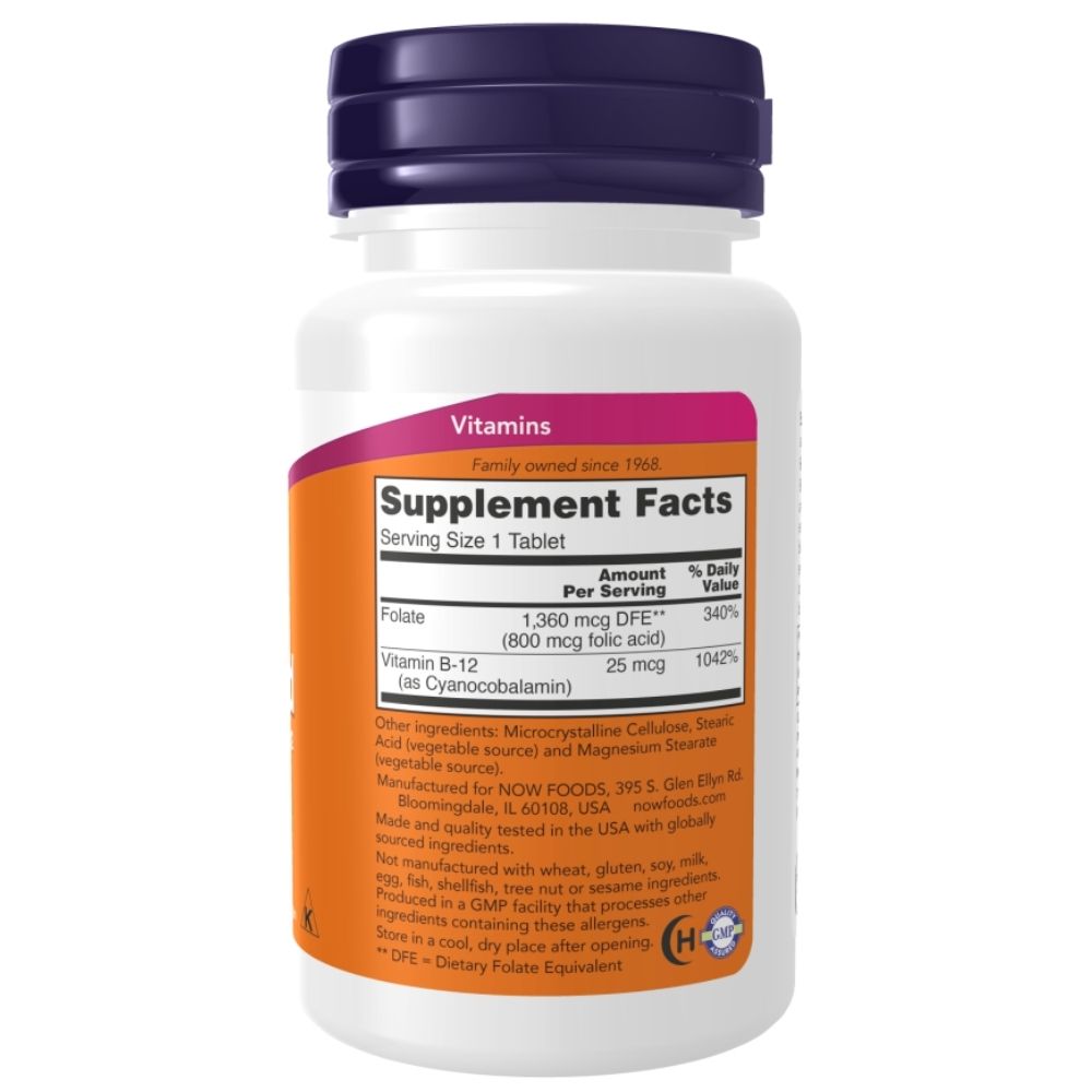 NOW FOODS folio rūgštis + vitaminas B12 – 100 tablečių