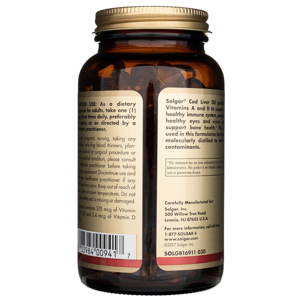 SOLGAR menkių kepenų aliejus (vitaminai A ir D) – 250 kapsulių