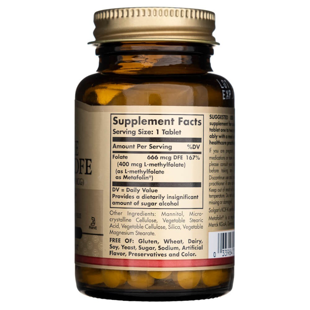 SOLGAR folatas 666 mcg DFE (Metafolin® 400 mcg) – 100 tablečių