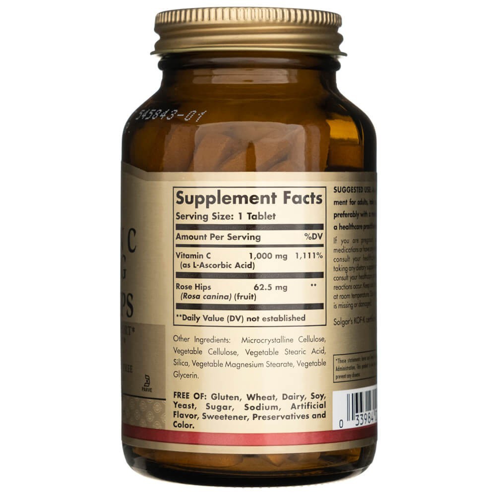 SOLGAR vitaminas C 1000 mg su erškėtuogėmis – 100 tablečių