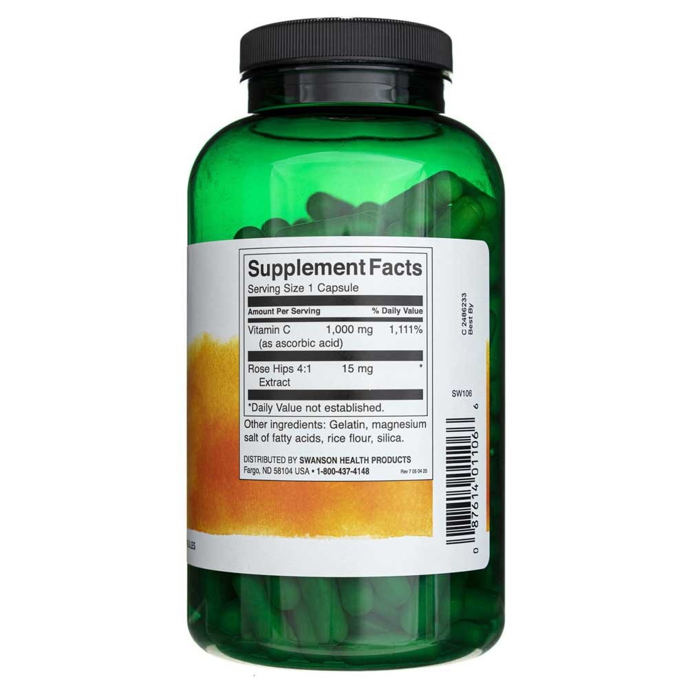 SWANSON vitaminas C su erškėtuogėmis 1000 mg – 250 kapsulių