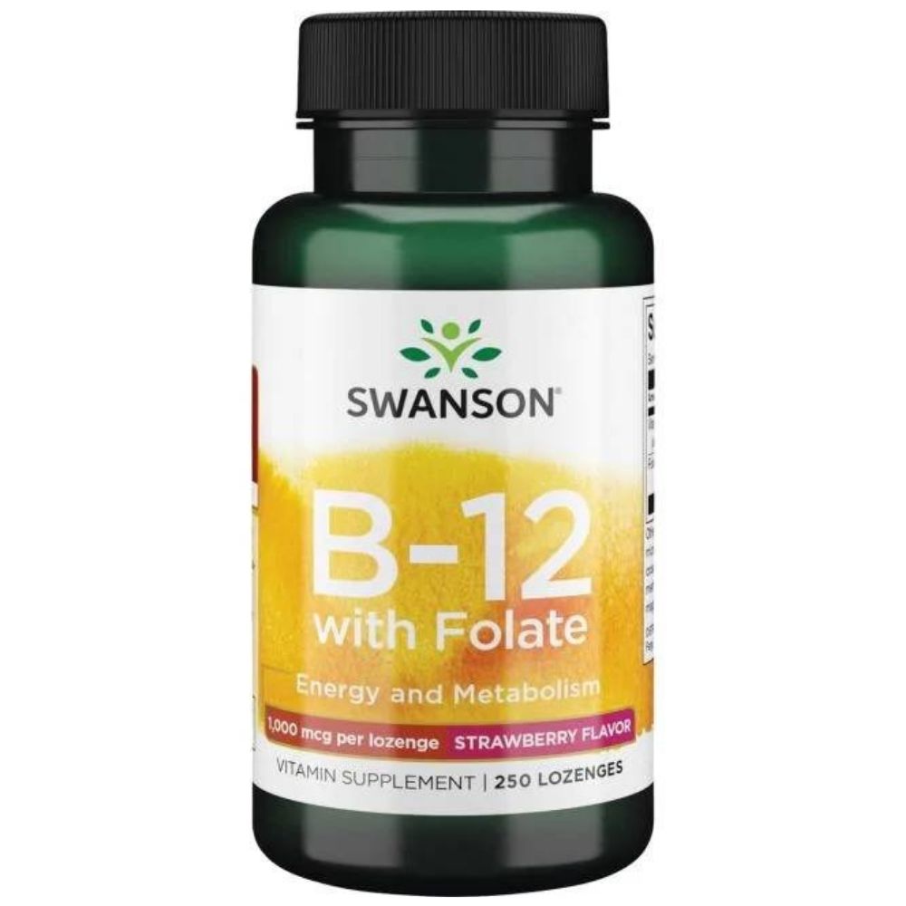 SWANSON vitaminas B12 500 mcg, braškių skonio – 250 pastilių