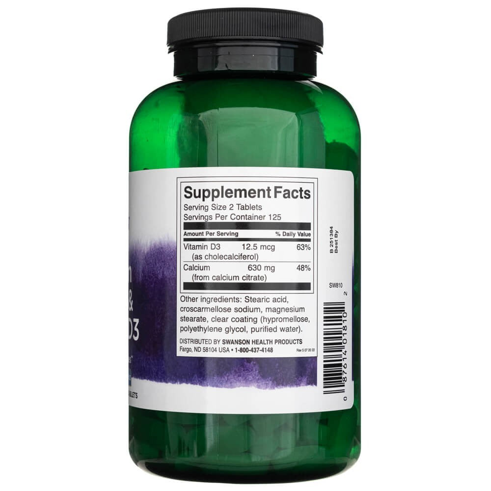 SWANSON kalcio citratas ir vitaminas D3 – 250 tablečių