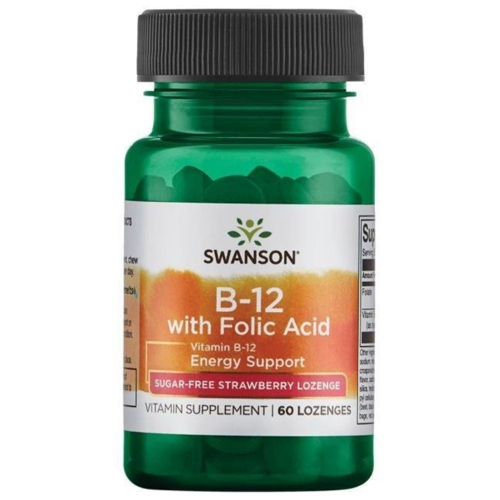 SWANSON vitaminas B12 500 mcg, braškių skonio – 60 pastilių